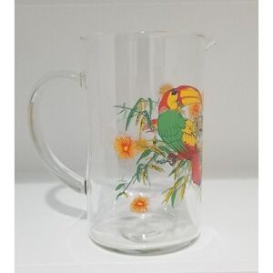 Vintage Glass Pitcher by Cerve Printed Toucans and Flowers Tropical